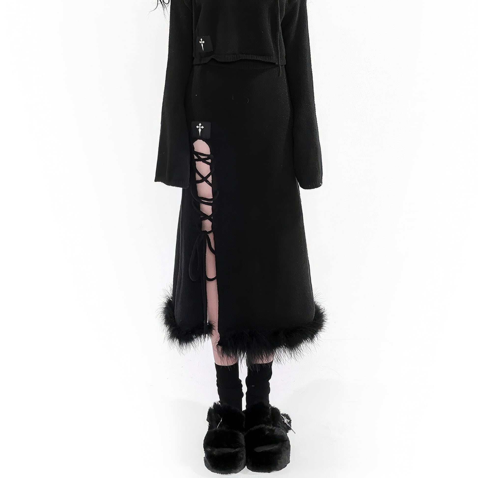 Faux Fur Hem Knit Skirt with Side Lace-Up Detail
