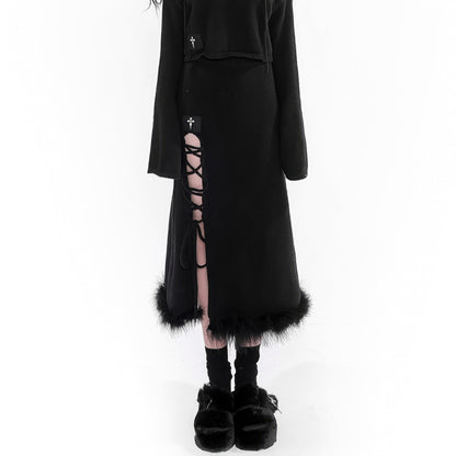 Faux Fur Hem Knit Skirt with Side Lace-Up Detail