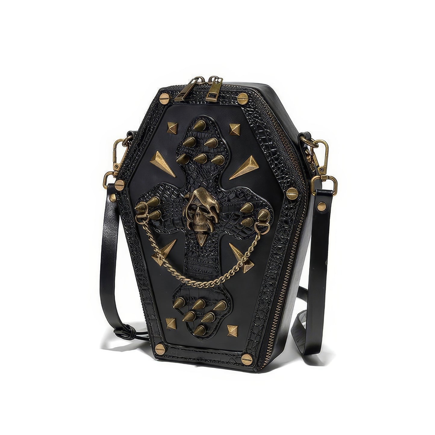 Embroidered Skull Stud Coffin Crossbody Bag