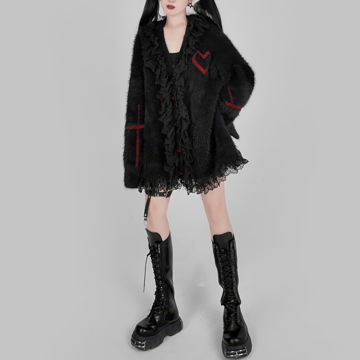 Lace Trim Fuzzy Knit Cardigan
