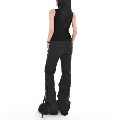 Washed Strap Cargo Flare Jeans