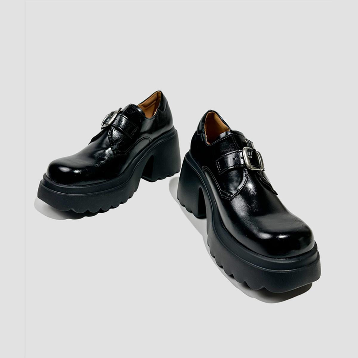 Black Buckle Chunky Heel Loafers
