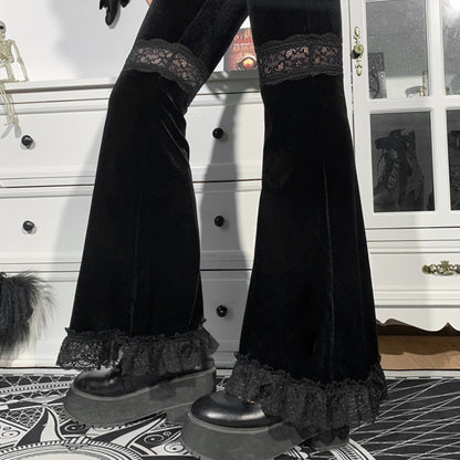 Black Lace Trim Flare Pants