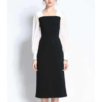 Contrast Chiffon Sleeve Square Neck Dress