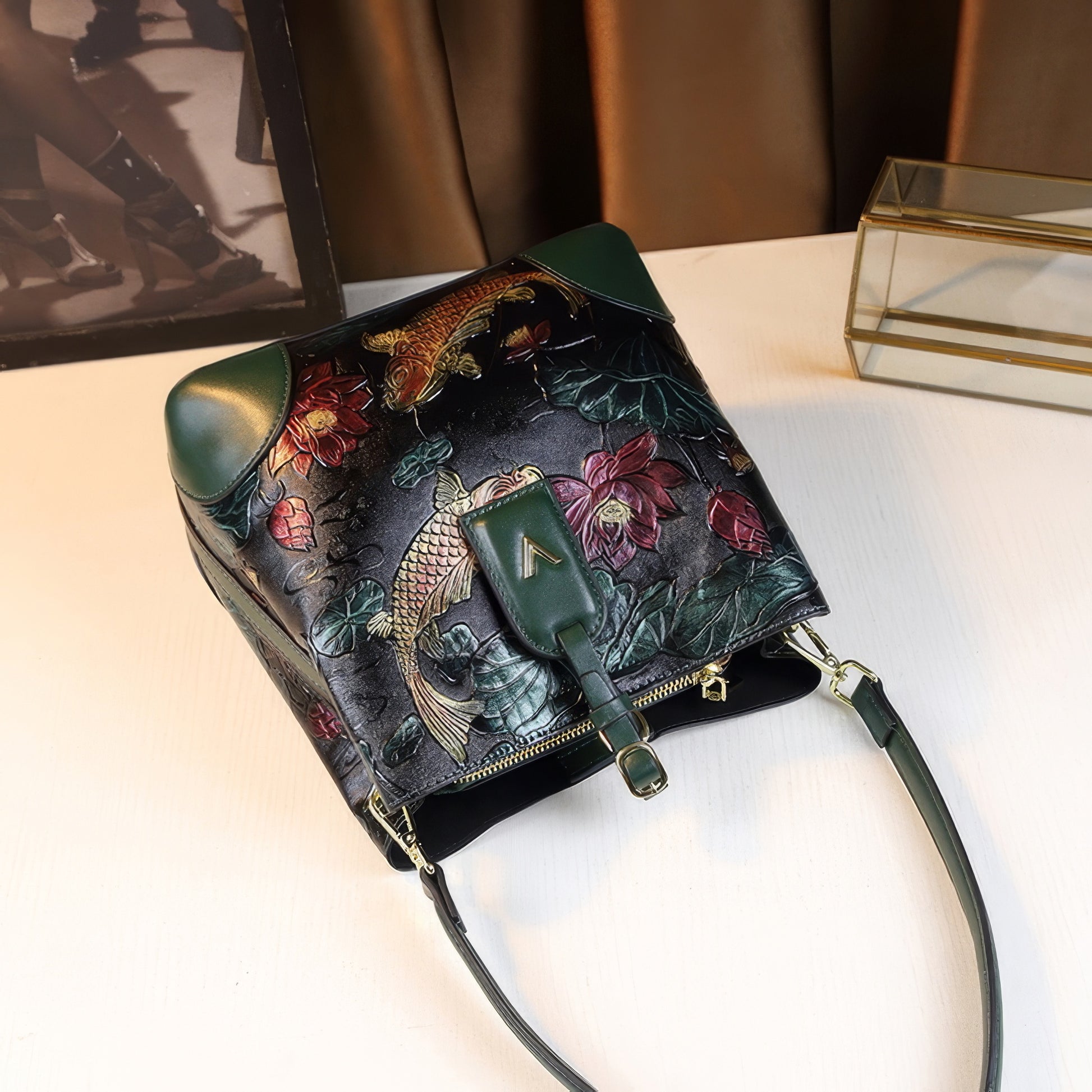 Embroidered Koi Lotus Leather Shoulder Bag