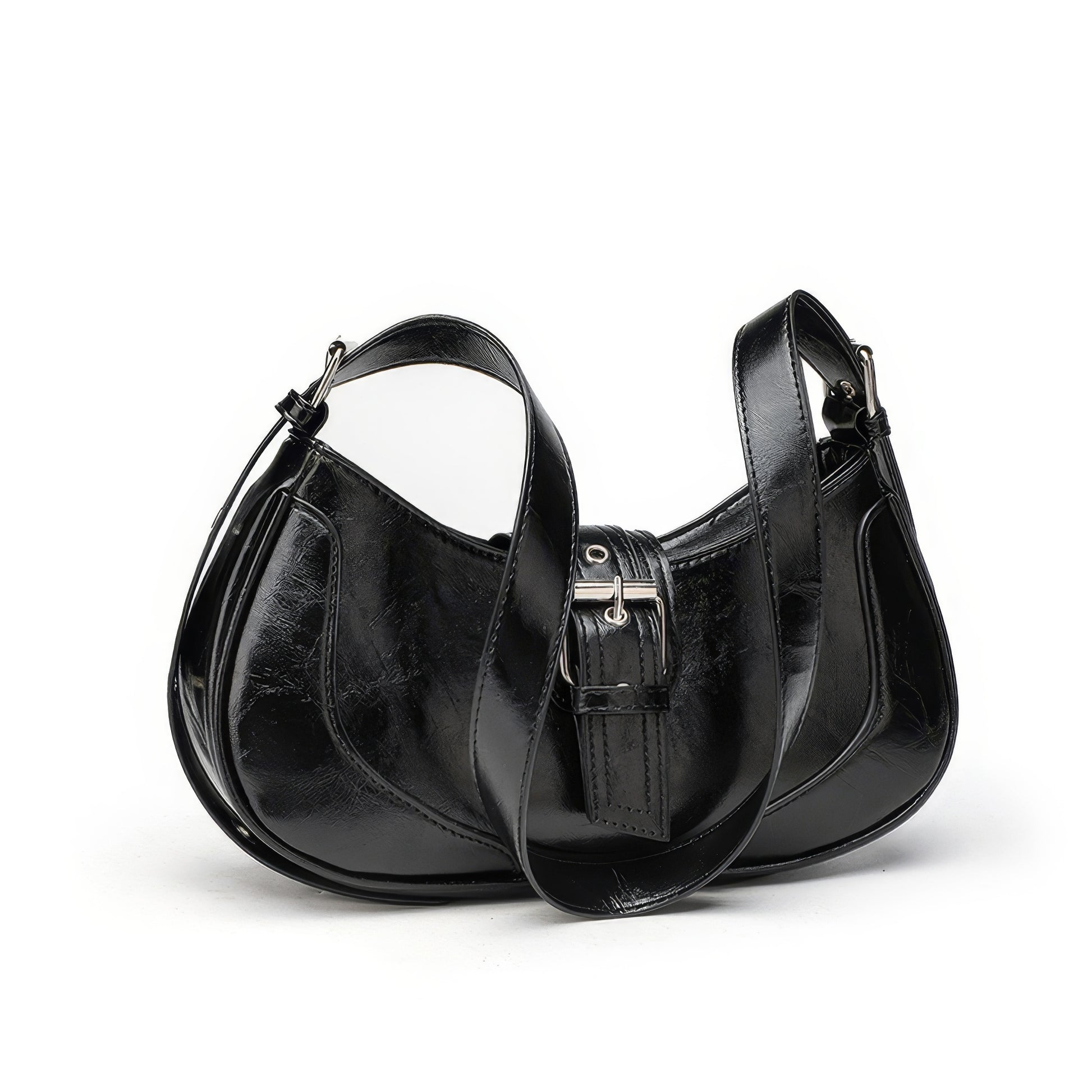 Glossy Buckle Detail Crescent Bag