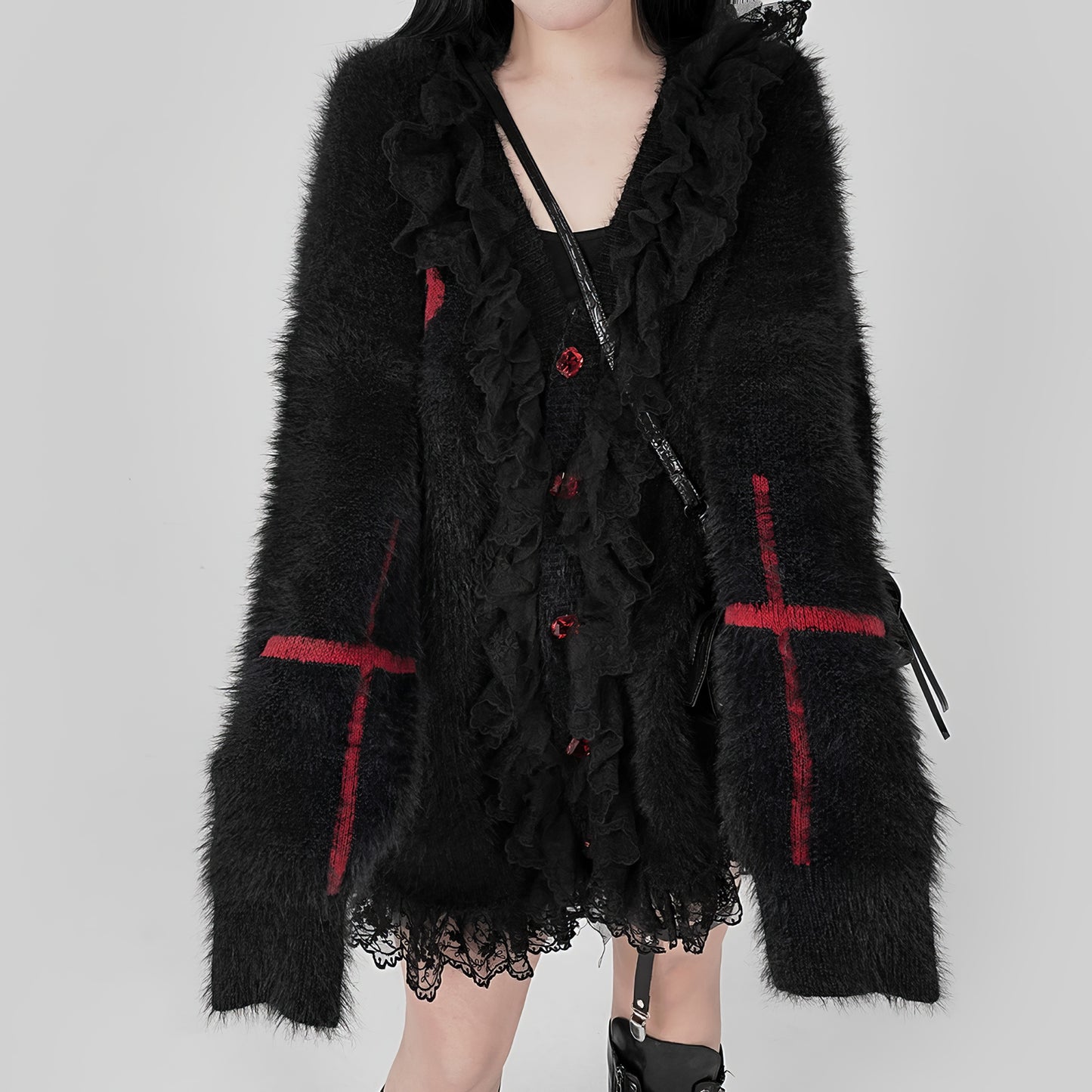 Lace Trim Fuzzy Knit Cardigan