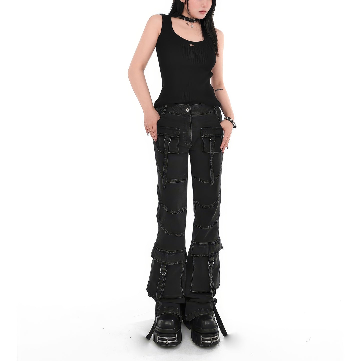 Washed Strap Cargo Flare Jeans