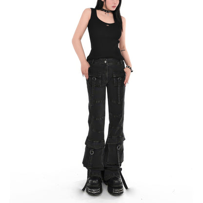 Washed Strap Cargo Flare Jeans