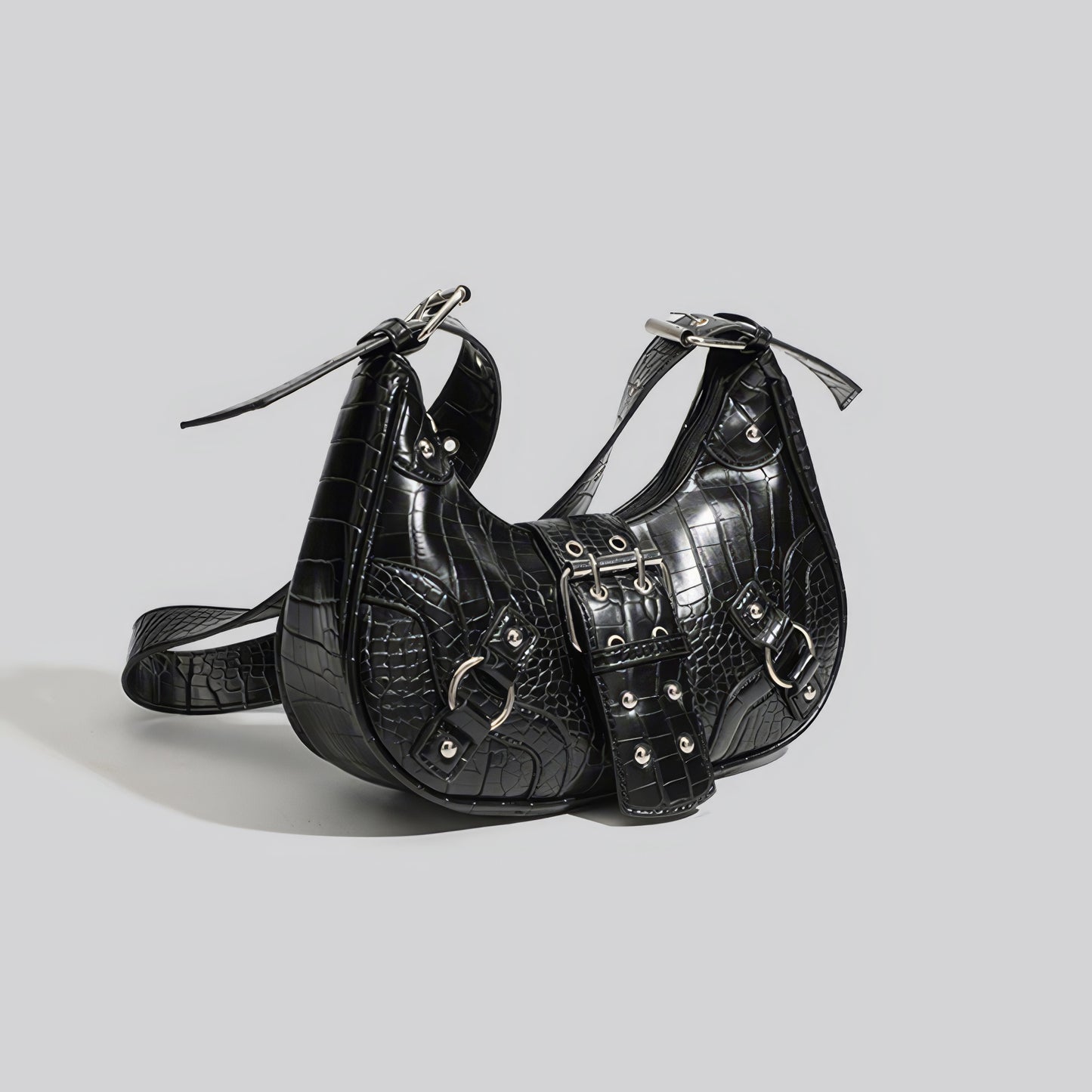 Croc-Effect Buckle Strap Shoulder Bag