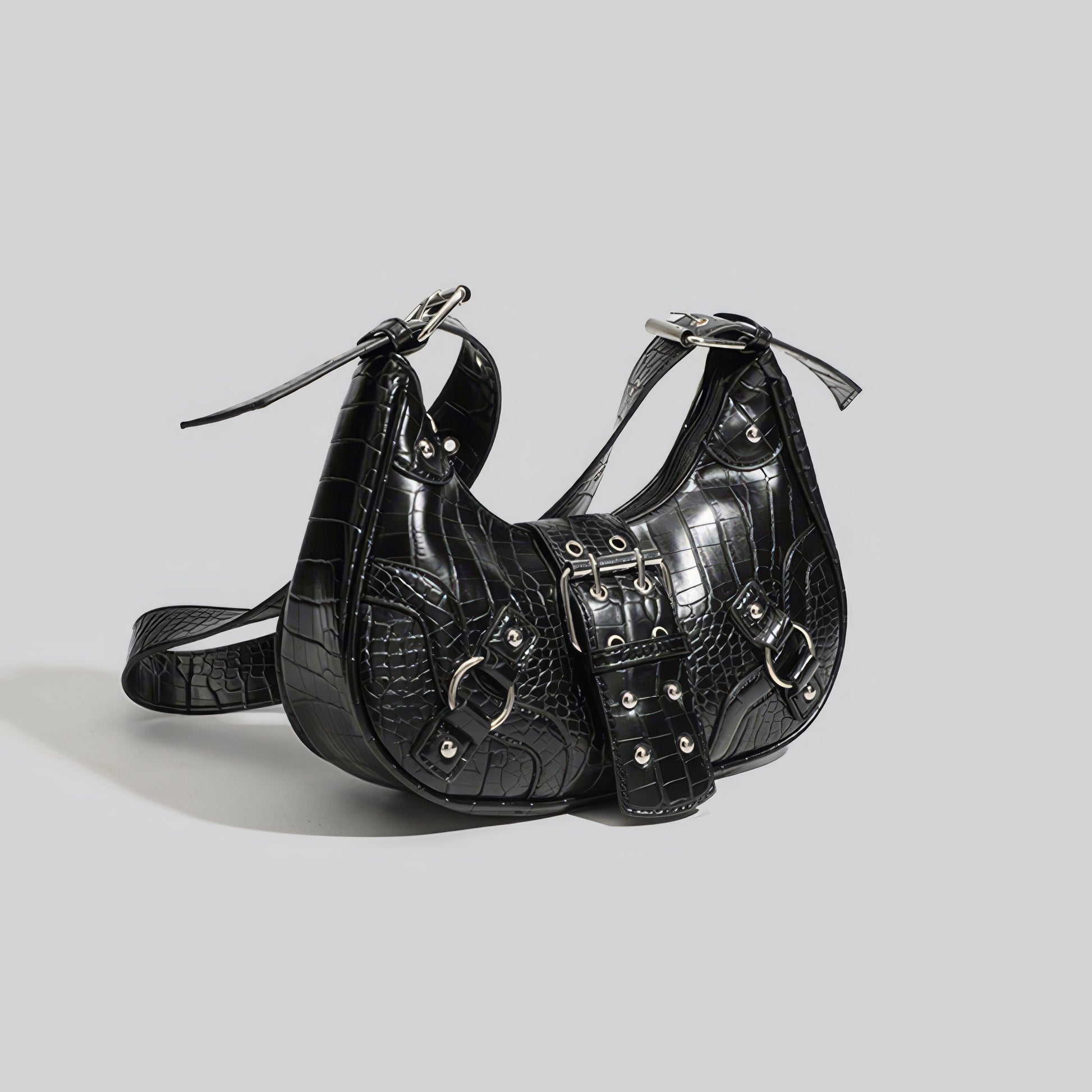 Croc-Effect Buckle Strap Shoulder Bag