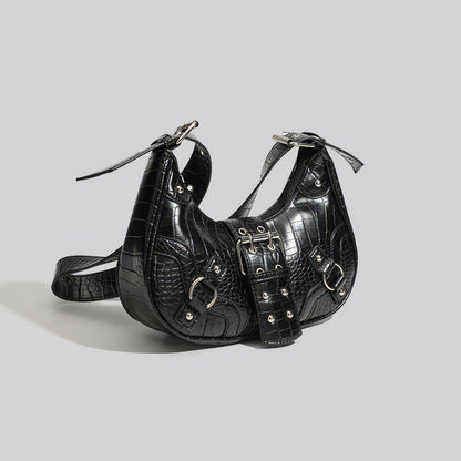 Croc-Effect Buckle Strap Shoulder Bag