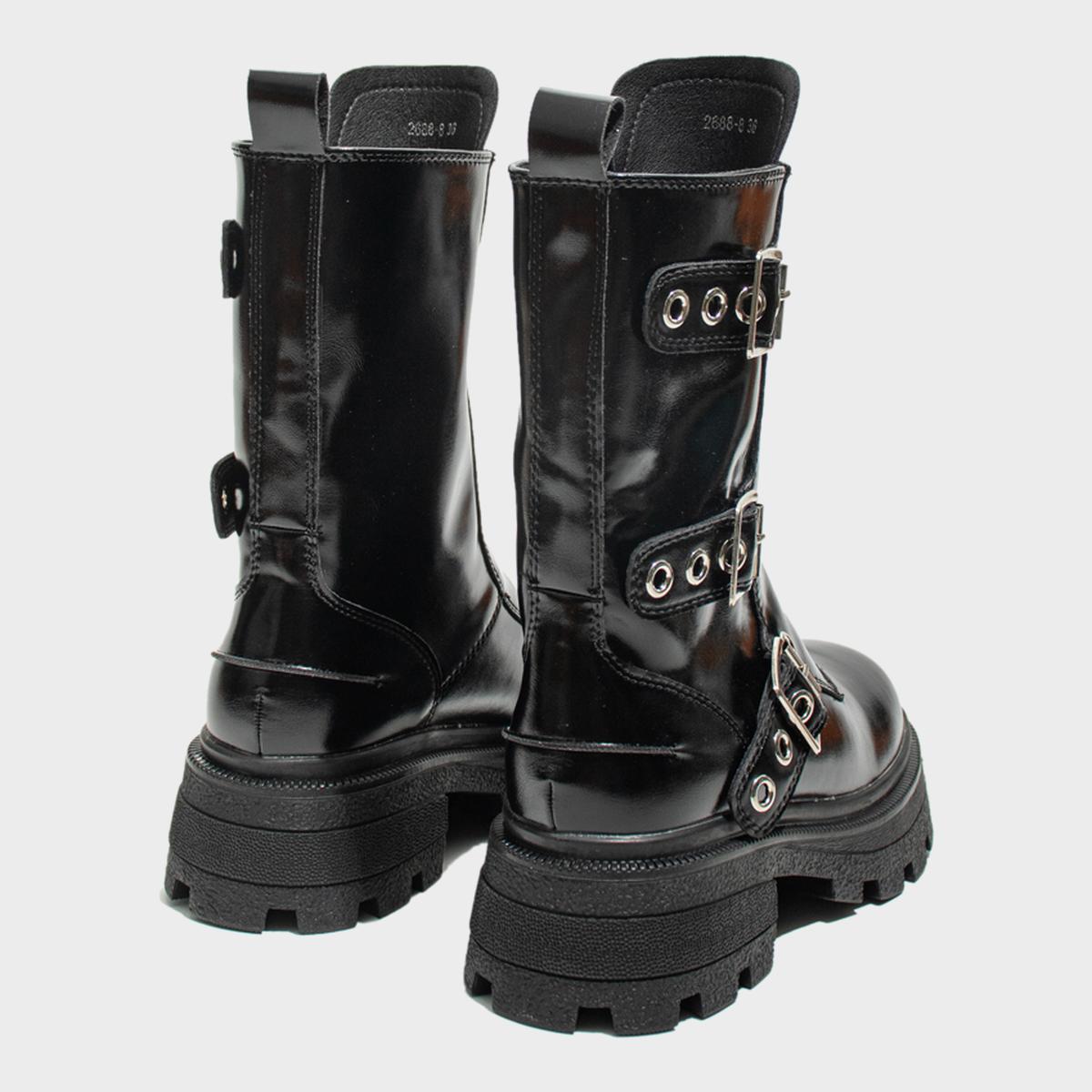 Black Patent Buckle Combat Boots