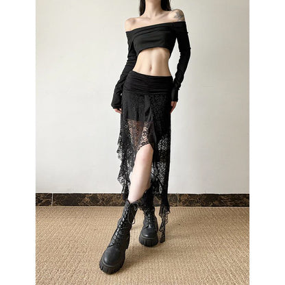 Asymmetrical Ruffled Sheer Lace Skirt