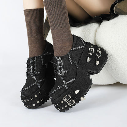 Black Distressed Buckle Platform Shoes