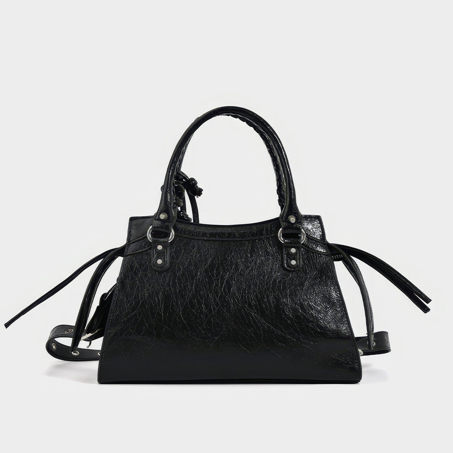 Studded Textured Leather Buckle Handbag