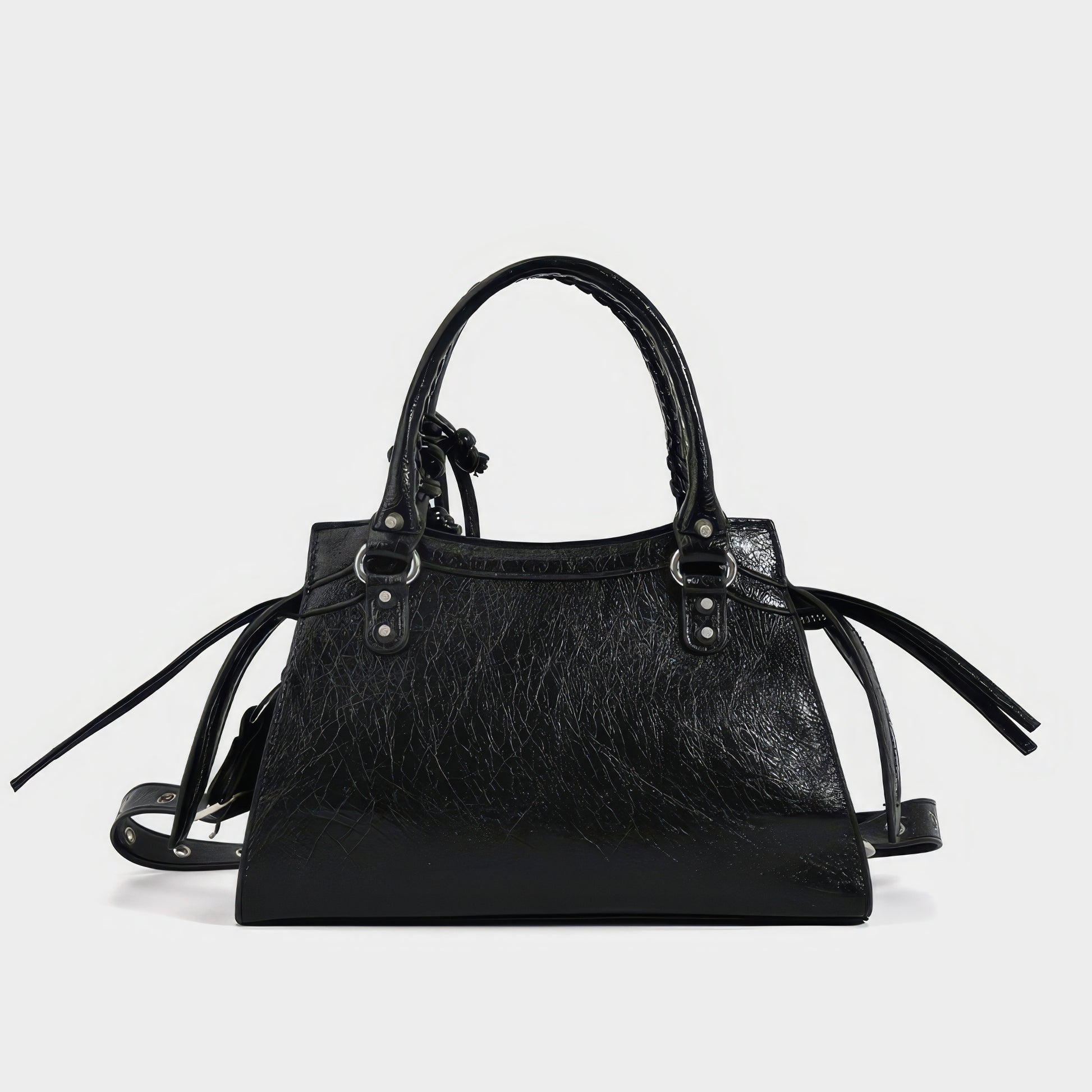 Studded Textured Leather Buckle Handbag