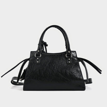 Studded Textured Leather Buckle Handbag