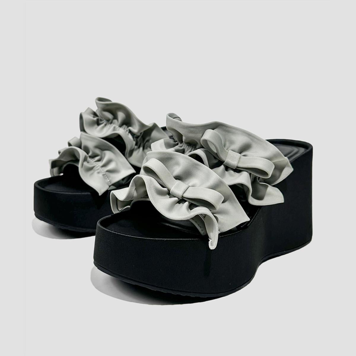 Satin Ruffle Bow Platform Slides