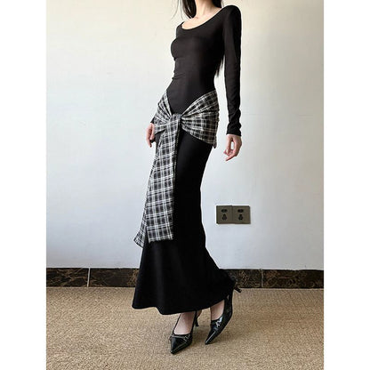 Plaid Accent Bodycon Maxi Dress