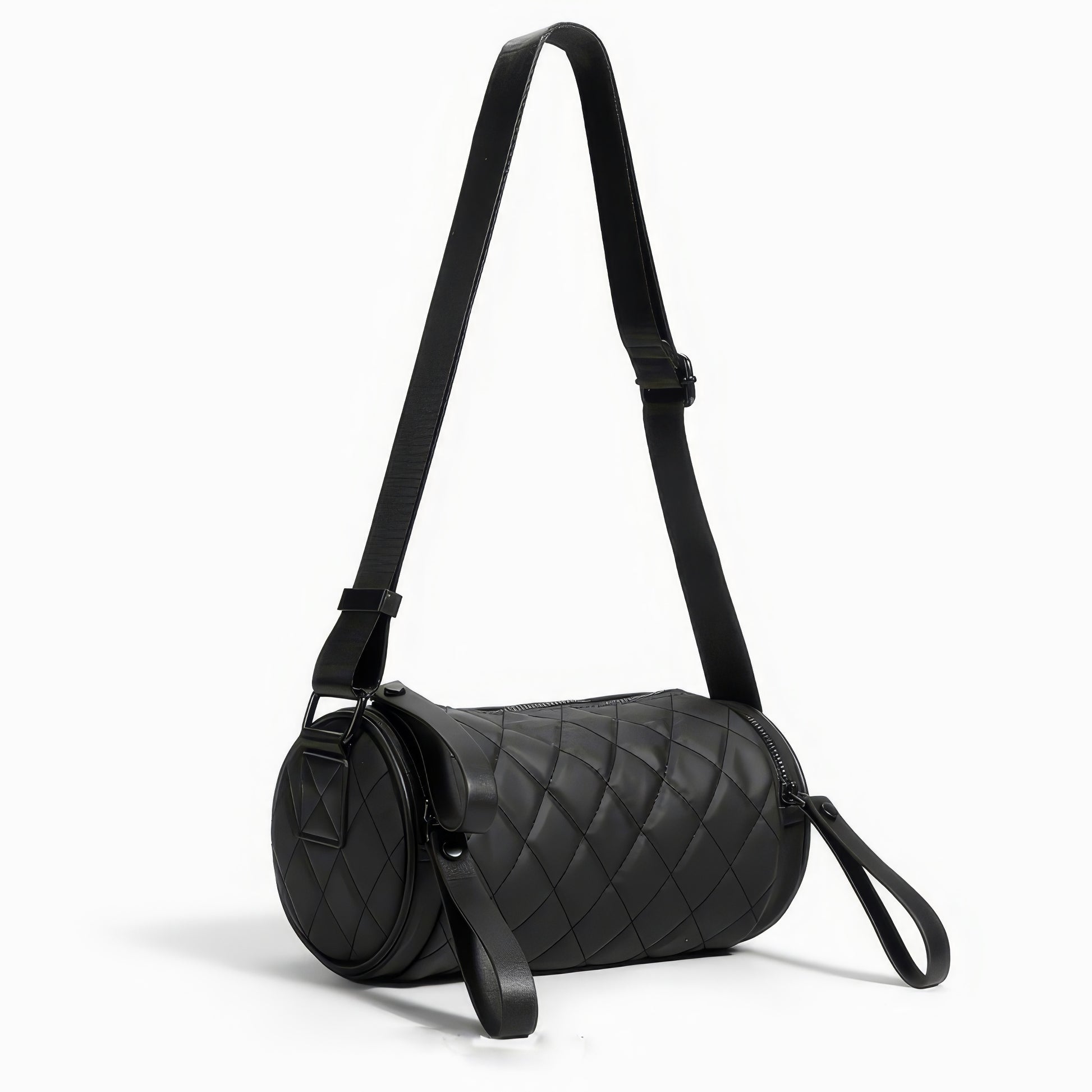 Quilted Barrel-Shaped Black Crossbody Bag