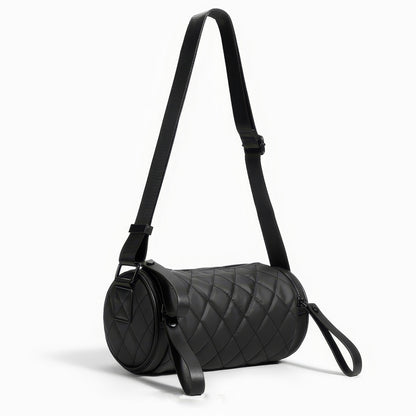 Quilted Barrel-Shaped Black Crossbody Bag