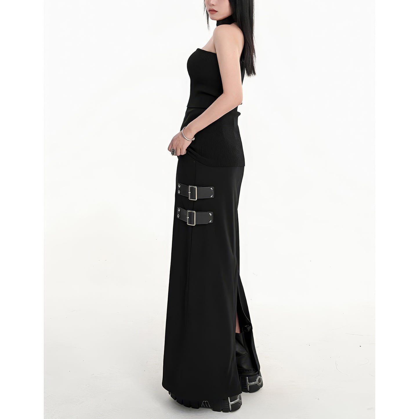 Buckle Strap Side Slit Maxi Skirt