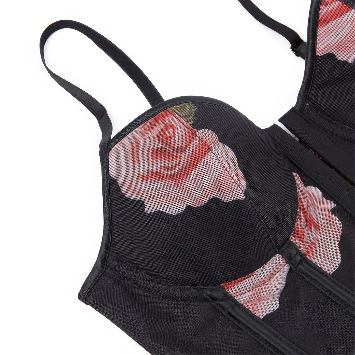 Mesh Rose Print Bustier Corset Top