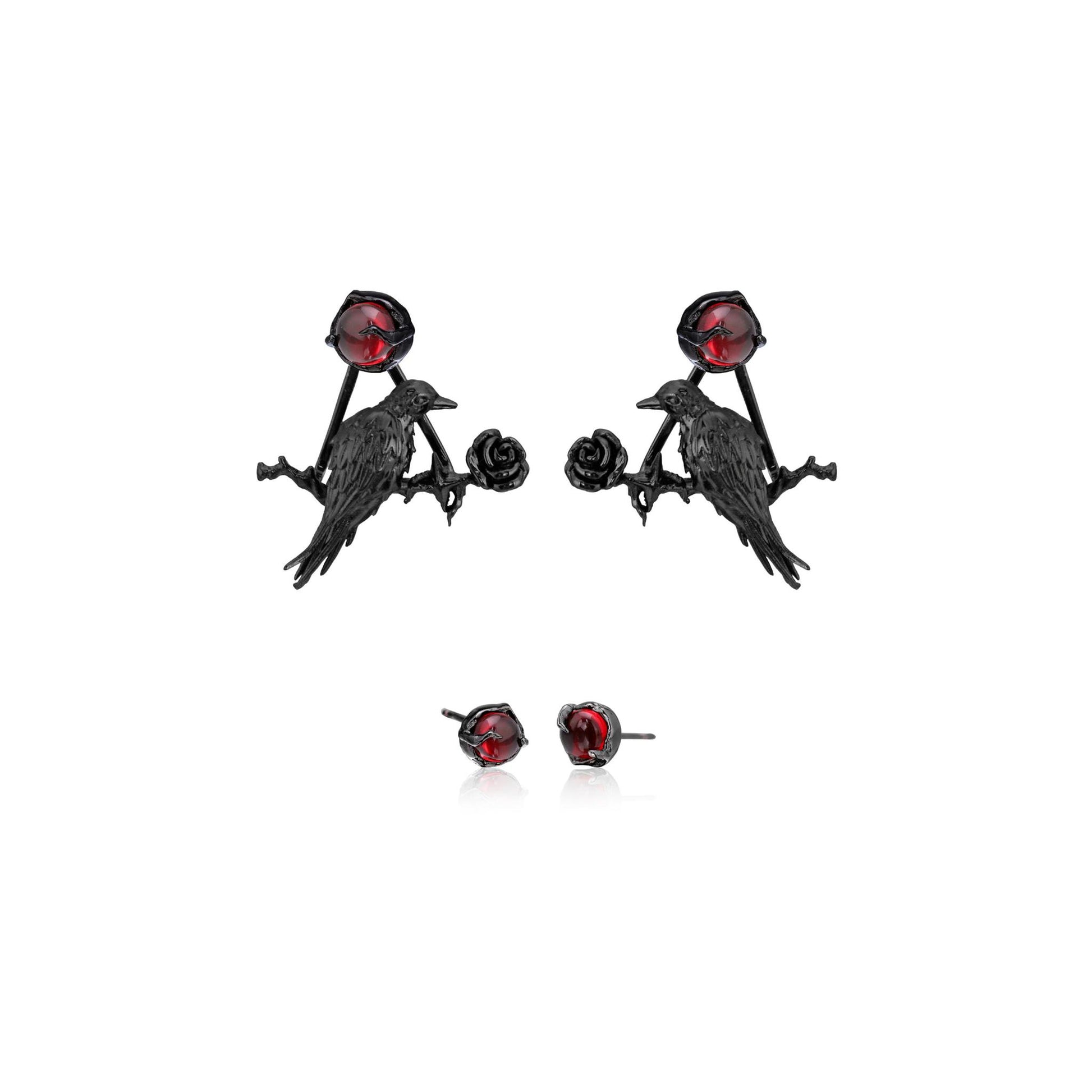 Red Gem Raven Rose Earrings