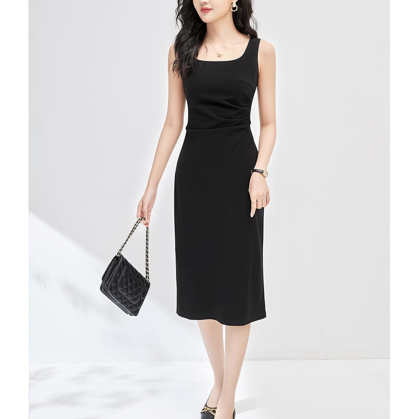 Scoop Neck Sleeveless Black Midi Dress