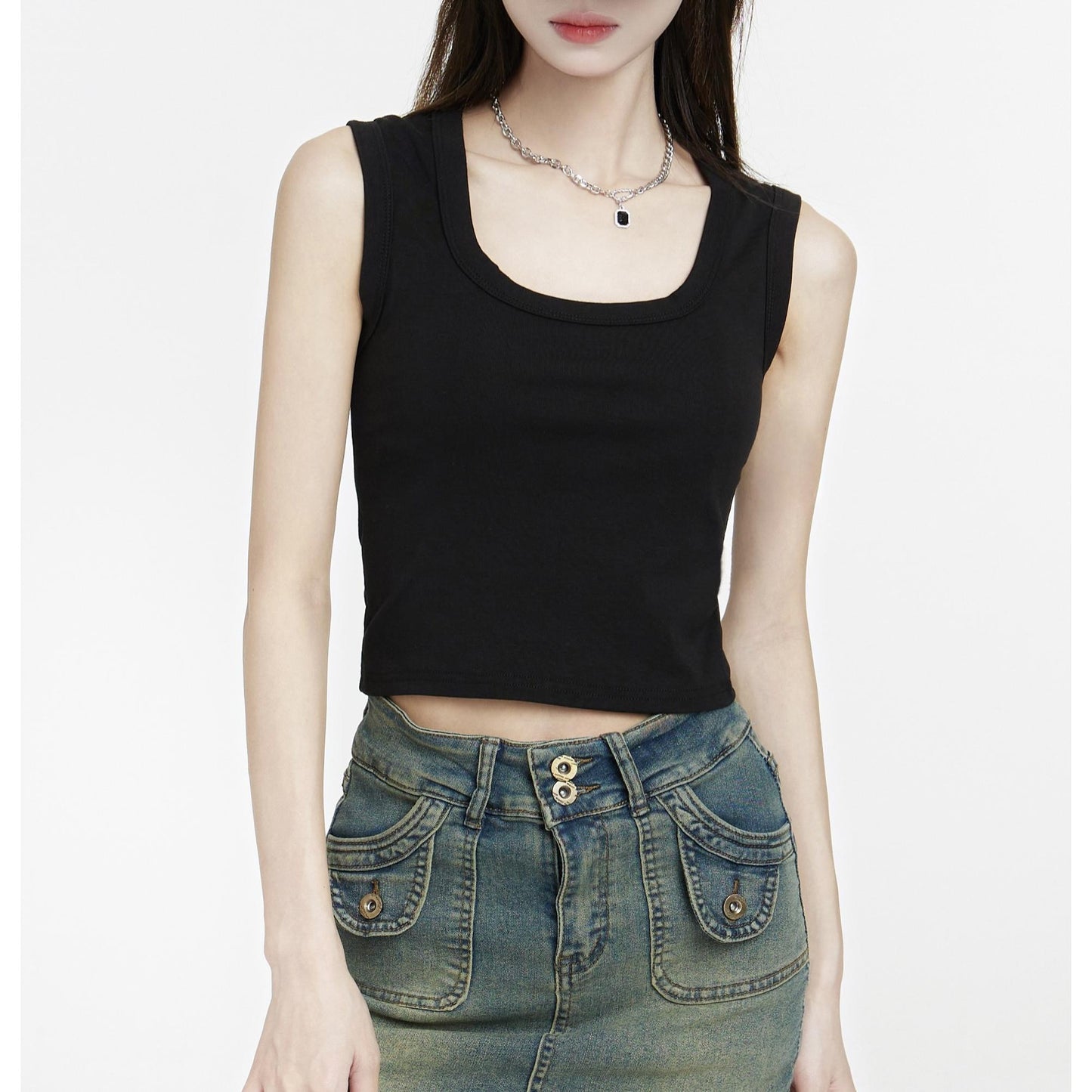 Scoop Neck Stretchy Crop Tank Top