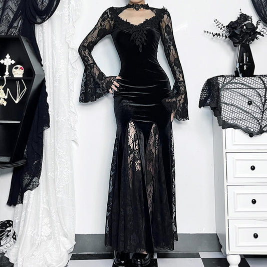 Velvet Lace Panel Long Dress