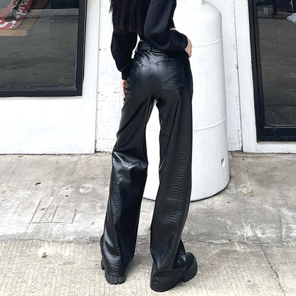 Textured Faux Leather Wide-Leg Pants