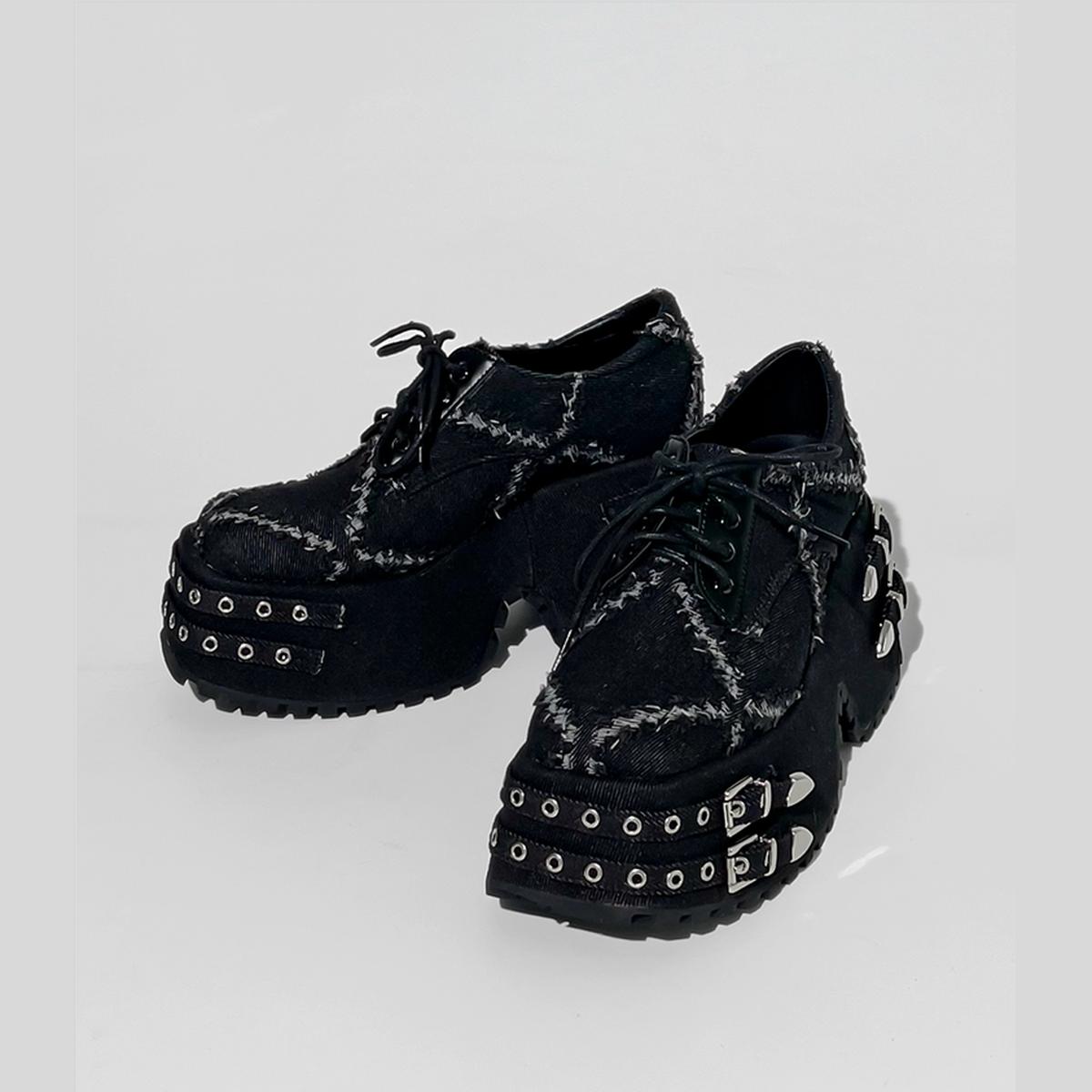 Black Distressed Buckle Platform Shoes