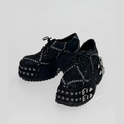 Black Distressed Buckle Platform Shoes