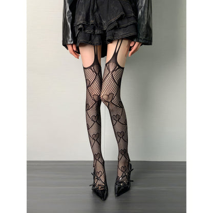 Heart Pattern Suspender Mesh Tights