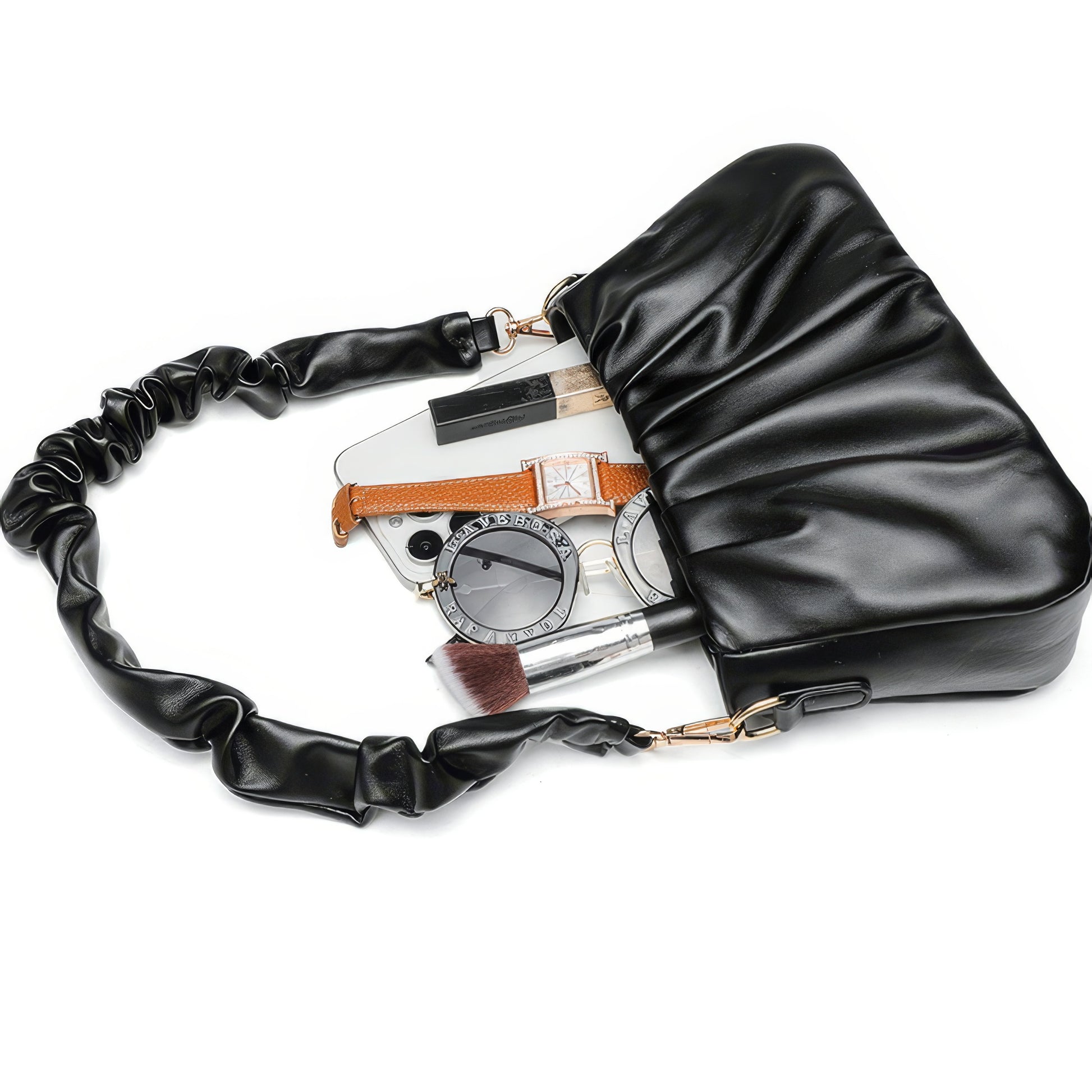 Ruched Satin Strap Faux Leather Bag