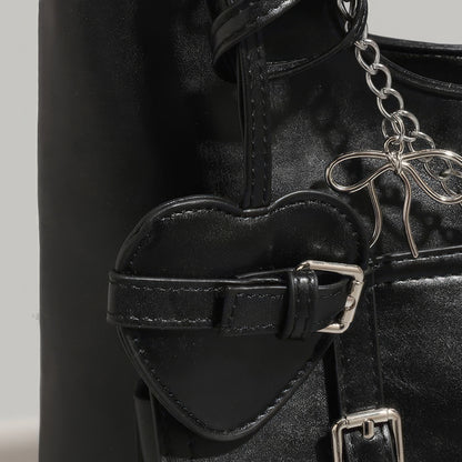 Chain Accent Buckle Pocket Faux Leather Shoulder Bag