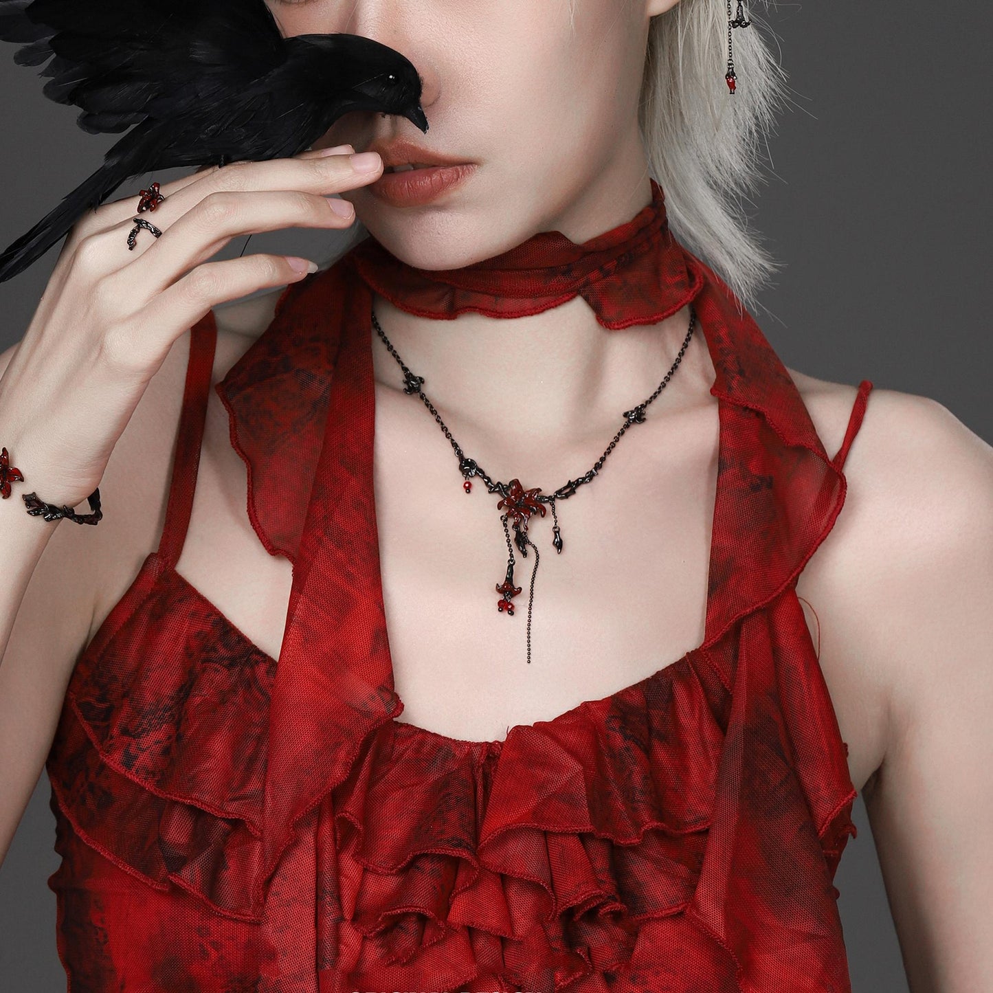 Red Lily Drop Chain Necklace