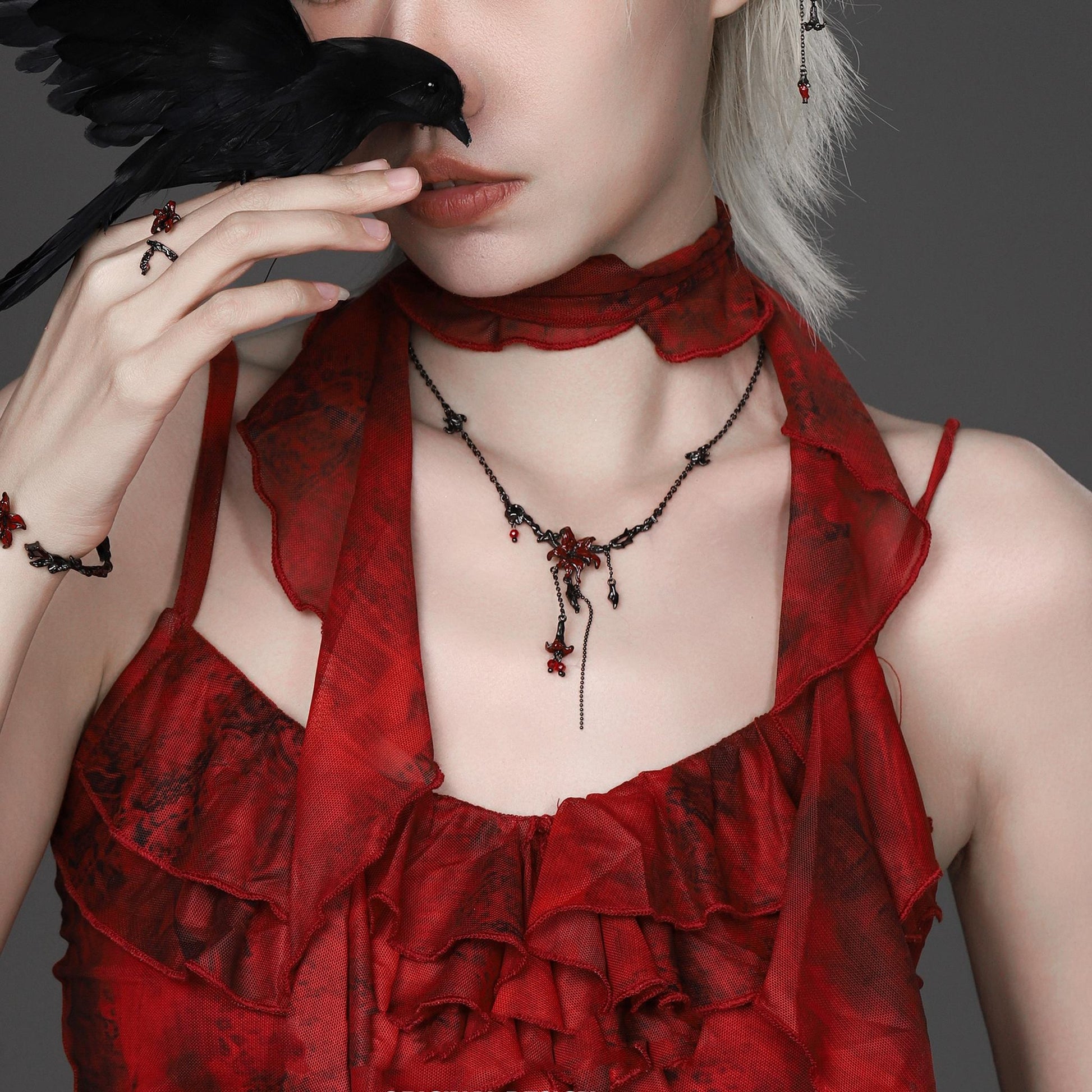 Red Lily Drop Chain Necklace