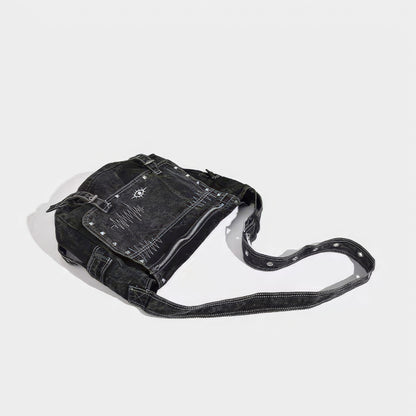 Washed Black Stitch Detail Shoulder Bag