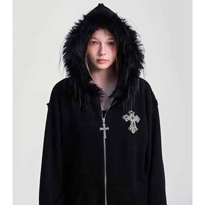 Faux Fur Trim Zip-Up Hoodie