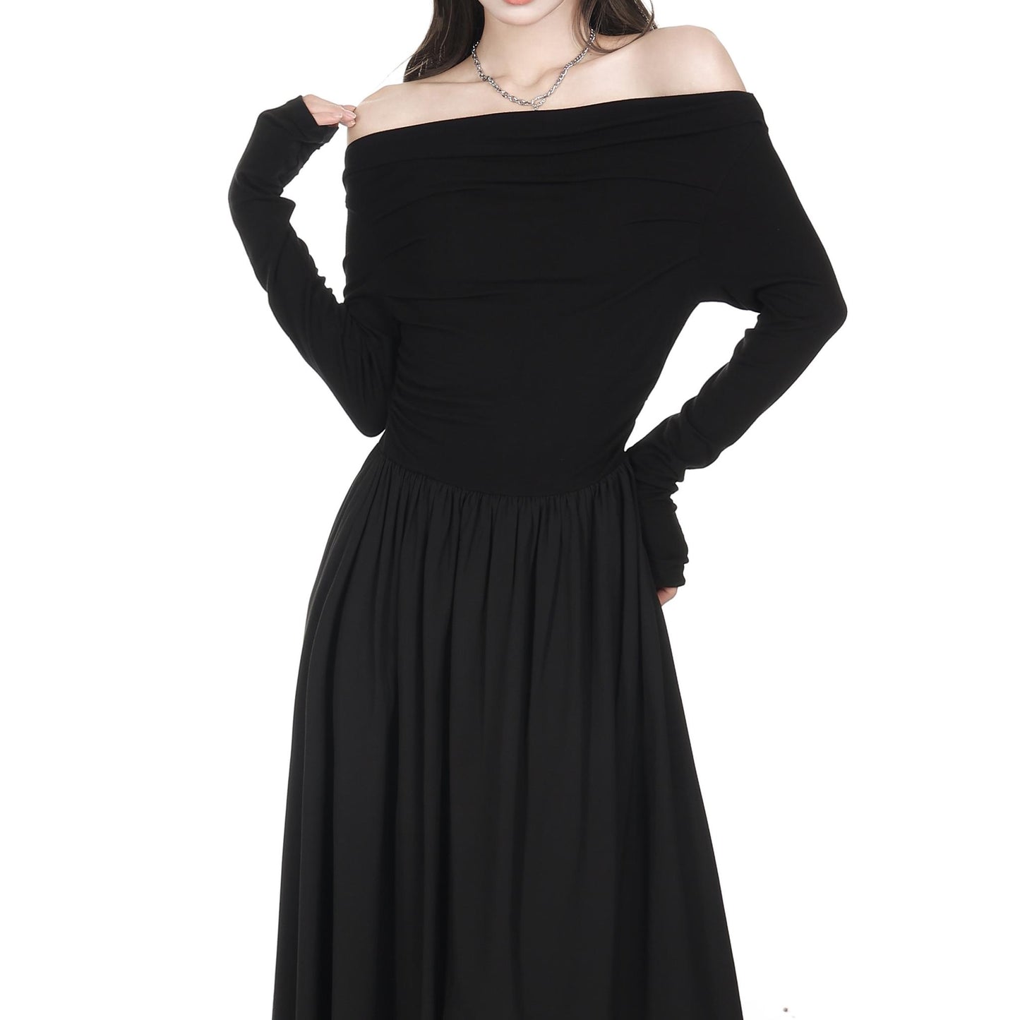 Draped Off Shoulder Long Sleeve Maxi Dress