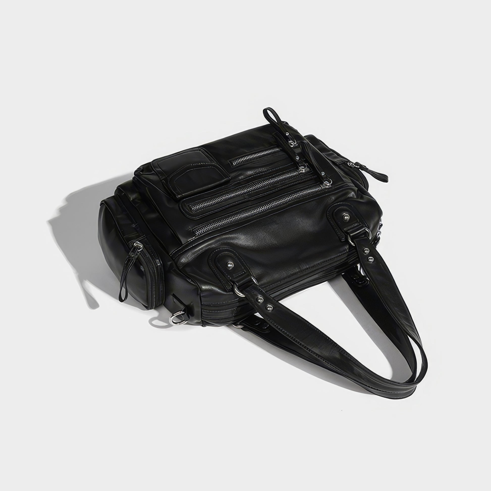 Multi-Zip Faux Leather Double Strap Shoulder Bag