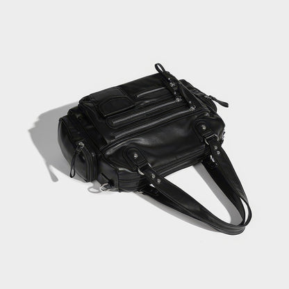 Multi-Zip Faux Leather Double Strap Shoulder Bag