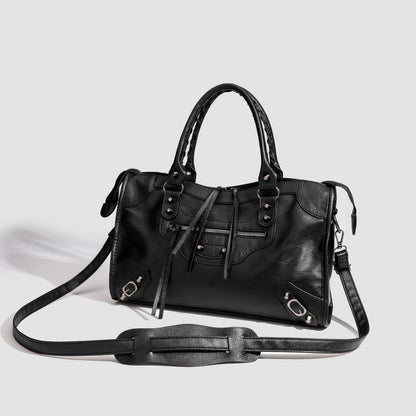 Textured Zip Accent Black Shoulder Bag