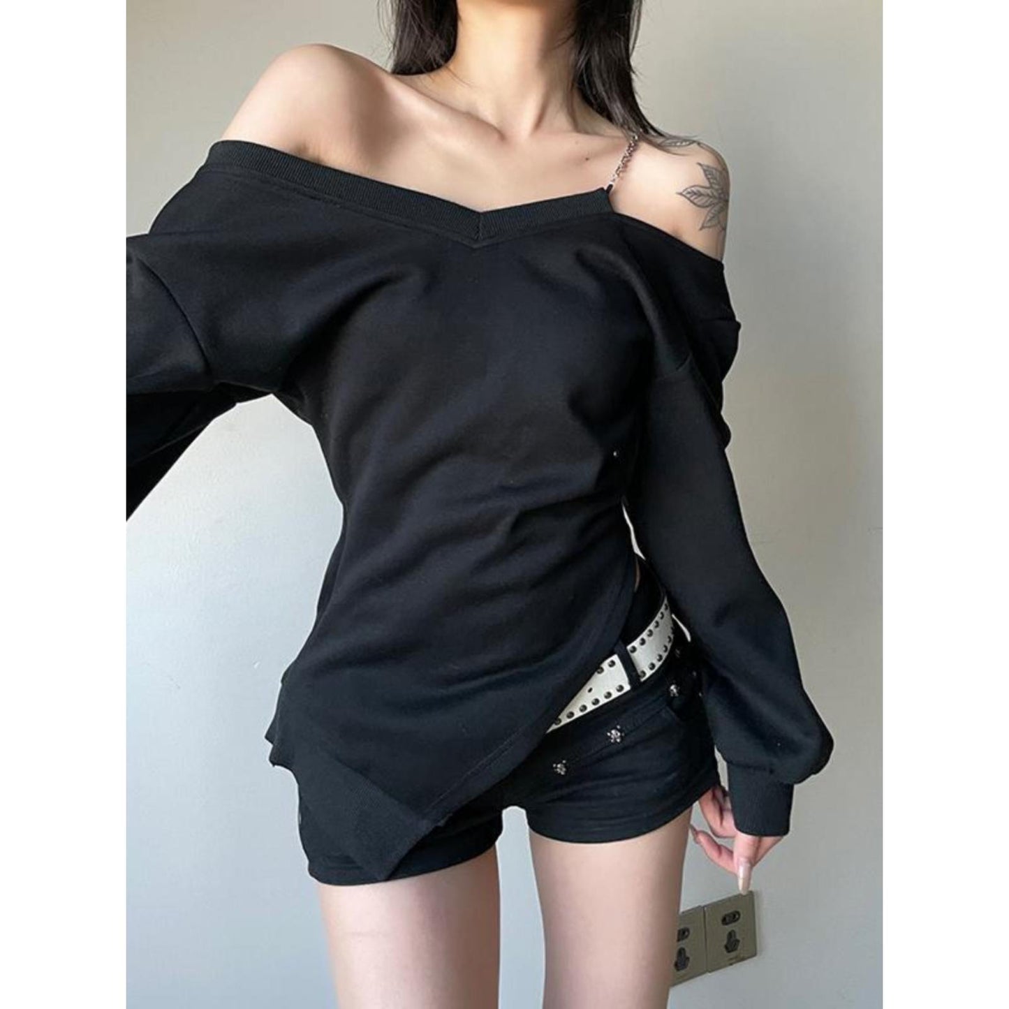 Chain Strap Off-Shoulder Sweatshirt