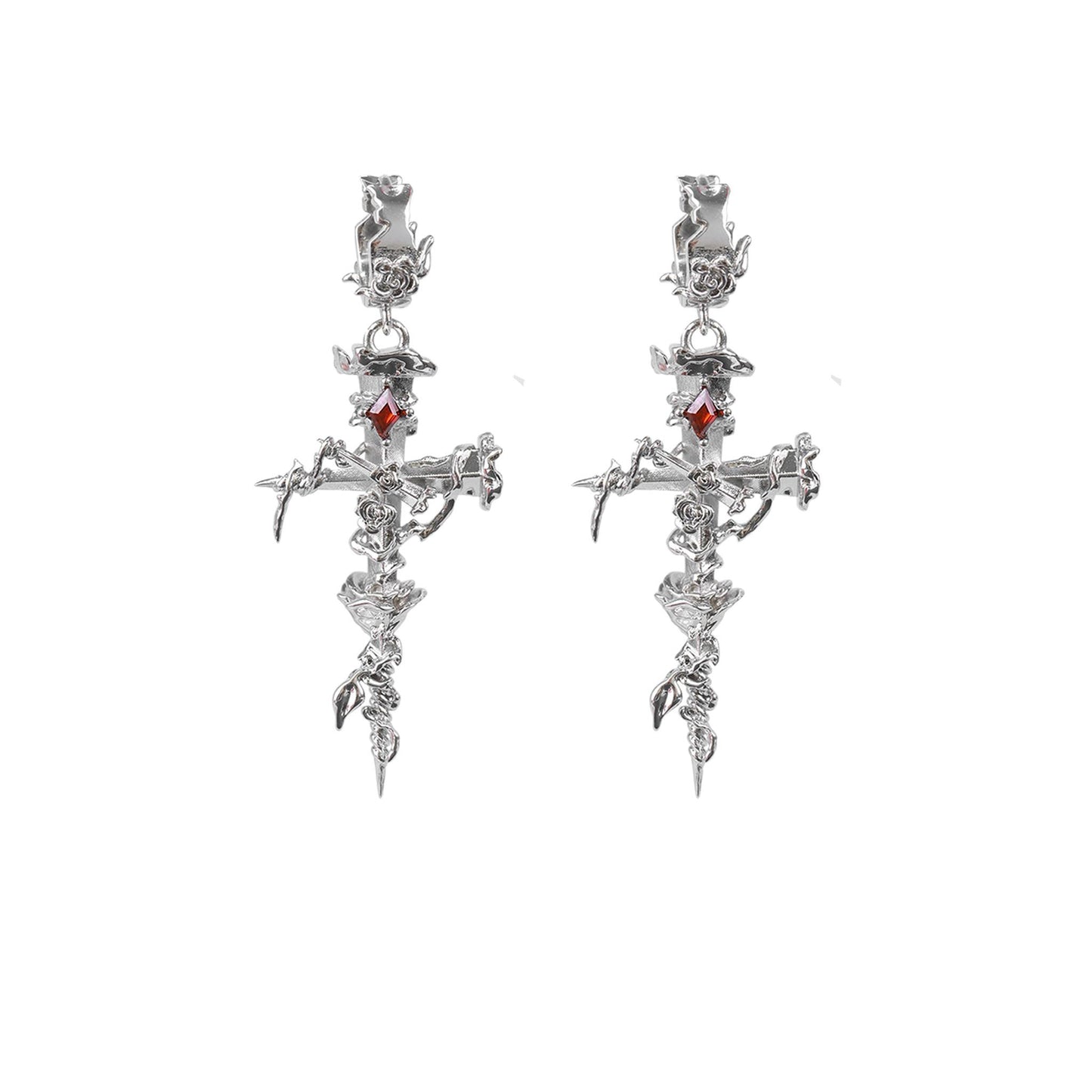 Barbed Rose Cross Drop Earrings