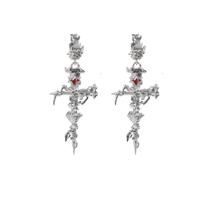 Barbed Rose Cross Drop Earrings