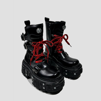 Black Buckle Strap Platform Combat Boots with Red Laces